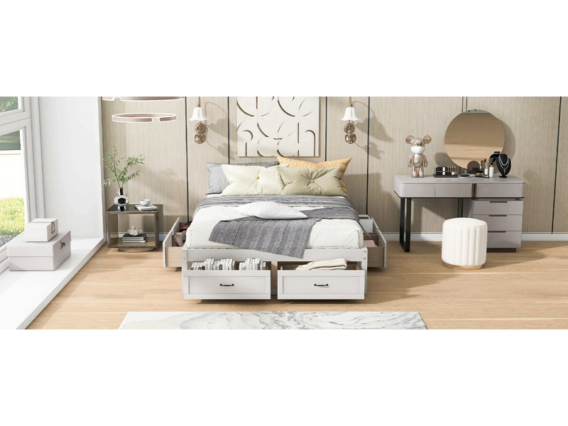 Lit plateforme avec 6 tiroirs de rangement, Blanc antique, Grand lit