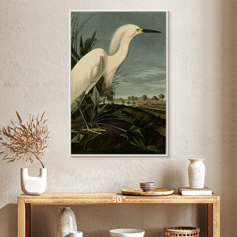 Snowy Heron Or White Egret, Floating Frame White, 27" x 40"