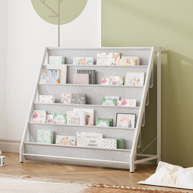 Johnson 5 Tier Metal Bookshelf With Canvas Storage Pockets, Reinforced Stable Frame, Freestanding Forward-Facing Book Storage For Bedroom, Playroom Or Living Room