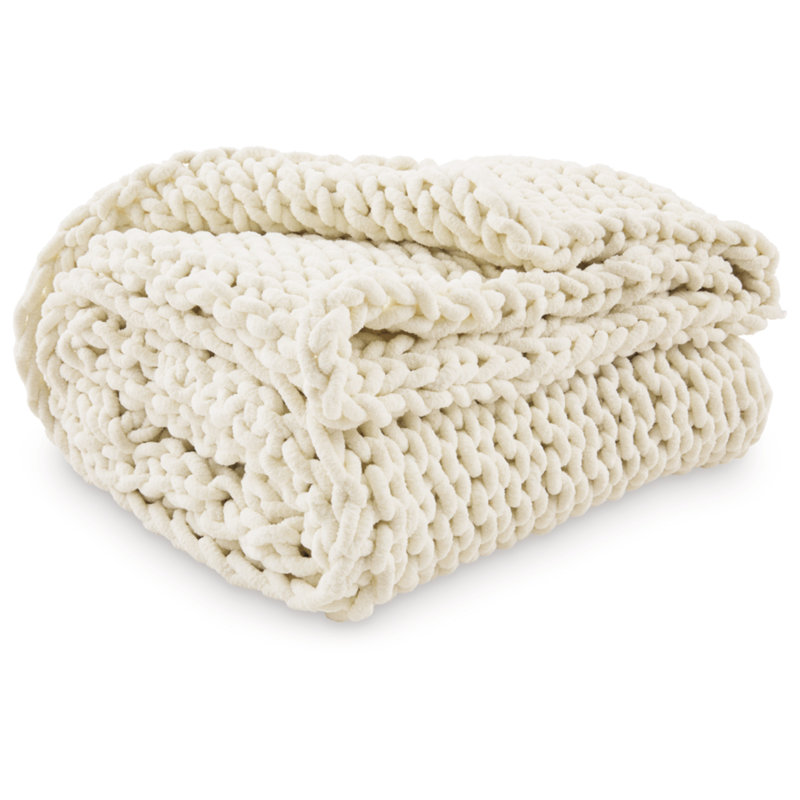 Ivory Hand-Knitted Faux Fur Fleece Throw Blanket