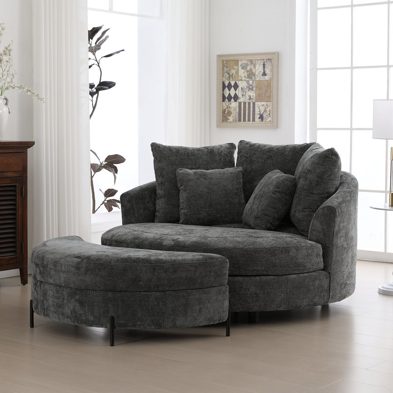 59.8" W Upholstered Oversized Slipcovered Accent Barrel Lounge Chair With Crescent Storage Ottoman, Charcoal Chenille
