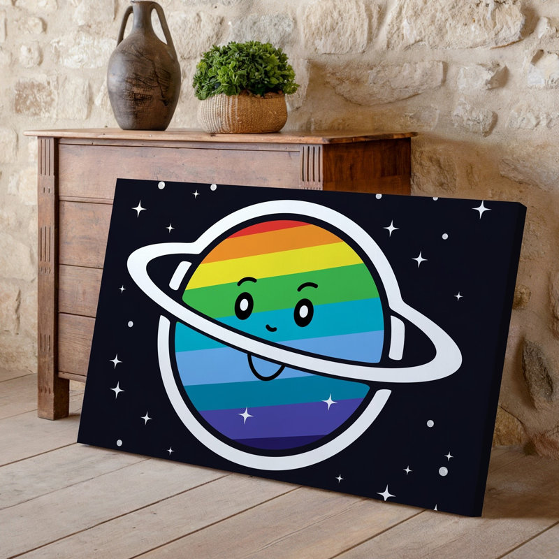 Toile, création d'une illustration fantaisiste d'une planète colorée, H 9 po x l 12 po