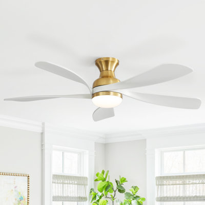 Whisper 52" 5-Solid Blade Classic Flush Mount Ceiling Fan with LED Light Kit and Remote Control，Gold&White