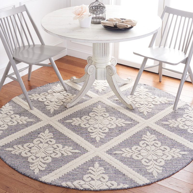 Tapis ivoire / bleu marine en laine tissé à la main Engelmann, Rond 6 pi