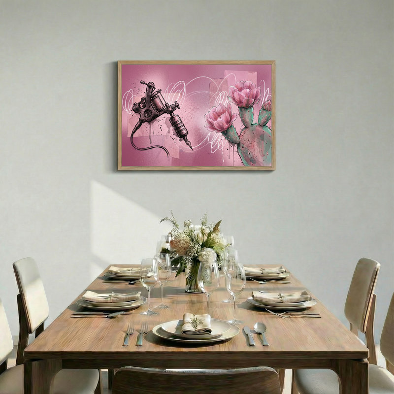 Art mural sur toile "Machine à tatouer noire" et fleur de cactus rose, H 32 po x l 48 po