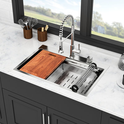 33" Drop In Kitchen Sink - 33*22 Inch Stainless Steel Ledge Workstation With Sound Proof, Smooth Drain, 16 Gauge T304 X 22" Drop-In Dual Ledge, Quick Grade