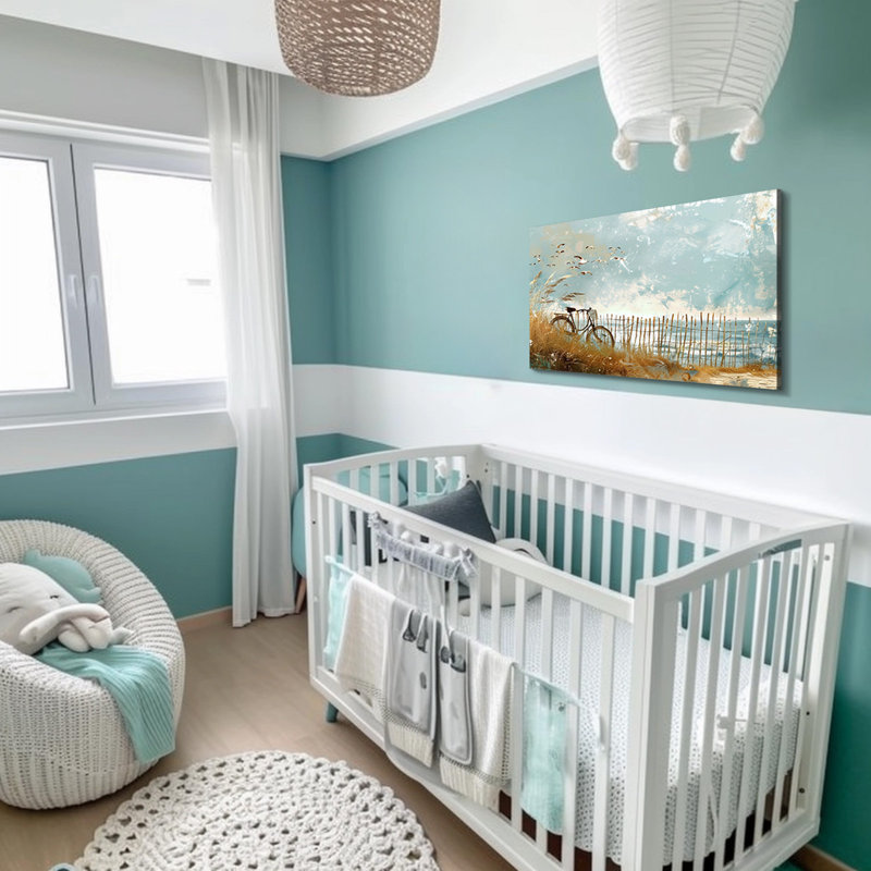 Art mural rétro sur toile bleue avec plage et mouettes - Bord de mer nautique, 12" H x 18" W