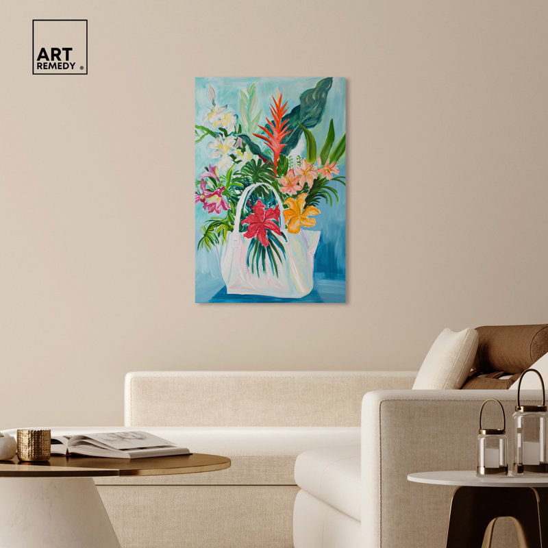 Large Tropical Flower Bag Canvas Art in Vibrant Colors
