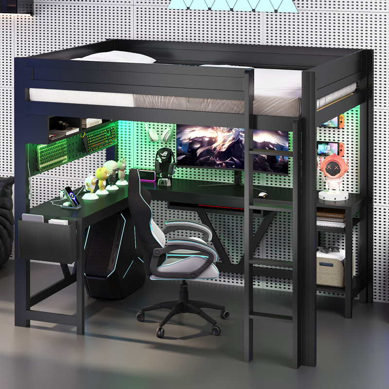 Full-Size Wood Gaming Loft Bed with Desk, Storage Shelves, LED Light & USB Charging Station, Black, Black