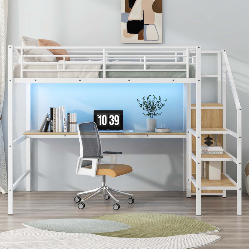 Lit mezzanine avec bureau, escalier de rangement, Blanc