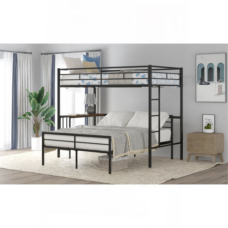 Twin Over Full Metal Bunk Bed With Desk, Ladder And Quality Slats For Bedroom, Metallic Black, Black