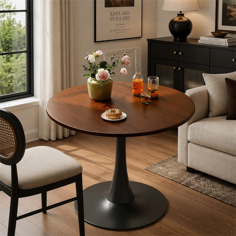 Table de salle à manger ronde moderne avec base en acier, table de cuisine et de salon de style Mid-Century