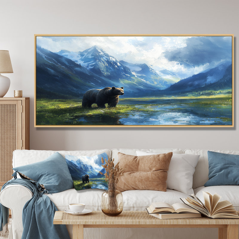Ours dans la vallée de la montagne II - ours, art mural, H 28 po x l 60 po, Cadre flottant, Crème, crème