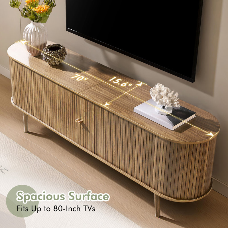 Baheerah TV Stand with Tambour Doors, Natural Wood, 24.2" H x 70" L x 15.5" W