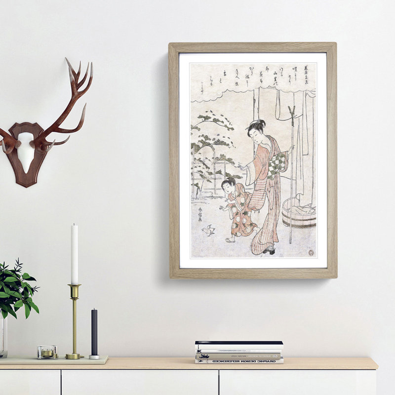 Mother & Child by Harunobu Suzuki - Framed Print, 48cm H x 36cm W x 2cm D, Oak Framed