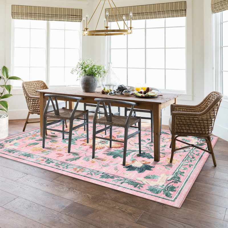 Washable Folding Floral Print Rug Washable Non - Slip Backing for Living Room Bedroom, 6ft, Rectangle 6' x 9', Pink