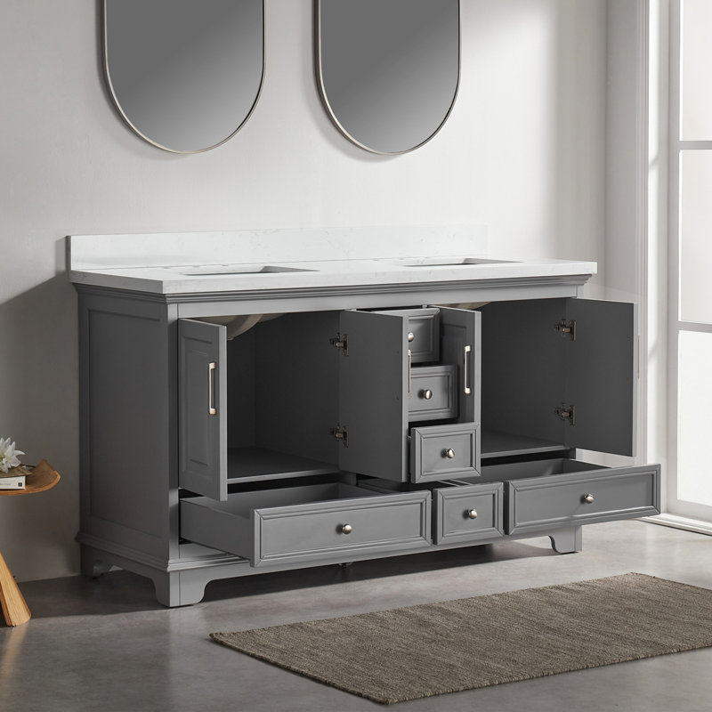 Meuble-lavabo double 60 po avec pierre artificielle, Gris
