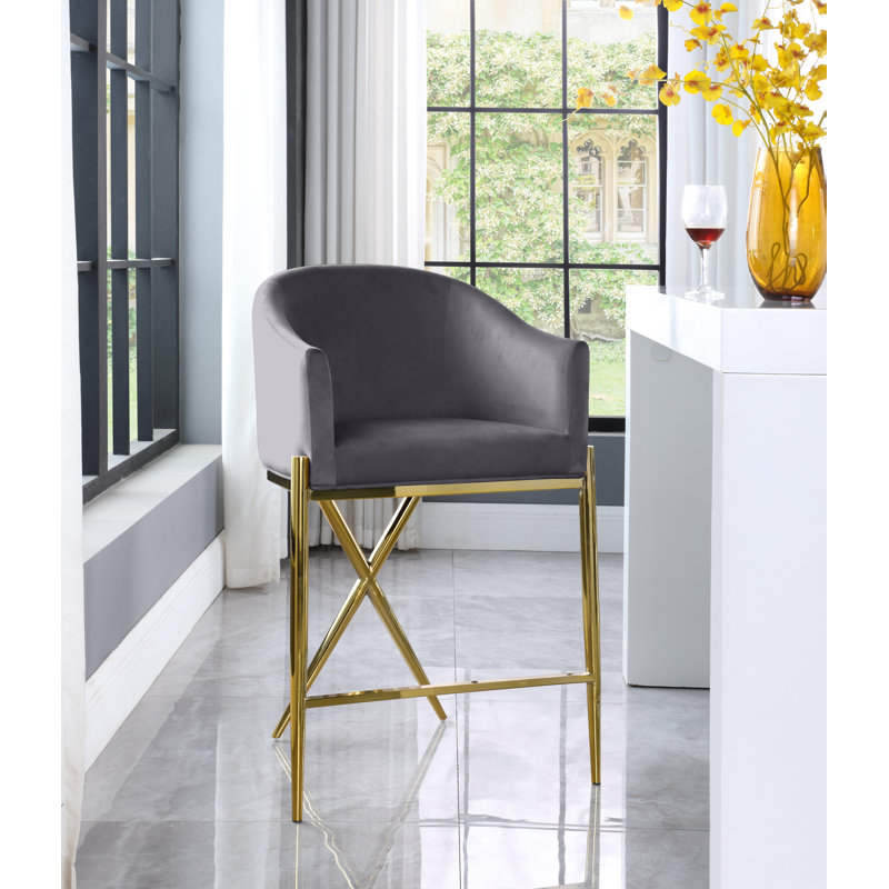 Xavier 26.5" Counter Stool, Grey Velvet, Gold