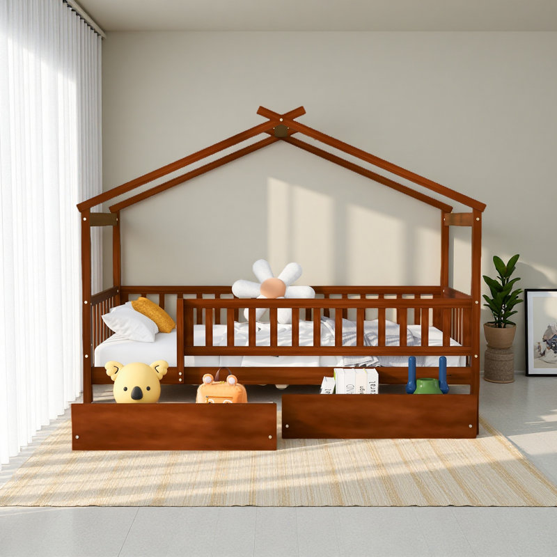 Lit simple en bois avec deux tiroirs, Noyer