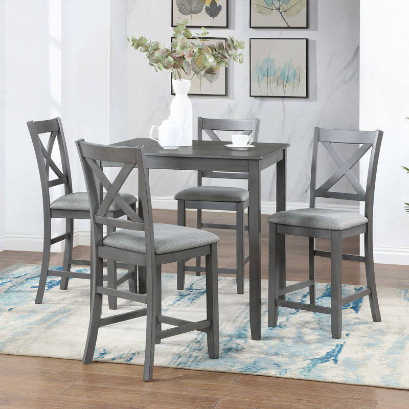 Ensemble de table de salle à manger 5 pièces, ensemble de salle à manger en bois pour 4 personnes, ensemble de table de cuisine à hauteur de comptoir avec table carrée et 4 chaises rembourrées pour les petits espaces
