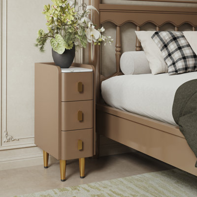 Solid Wood Core Leather Upholstered Faux Marble Top Nightstand - Quick Leg Assembly Only