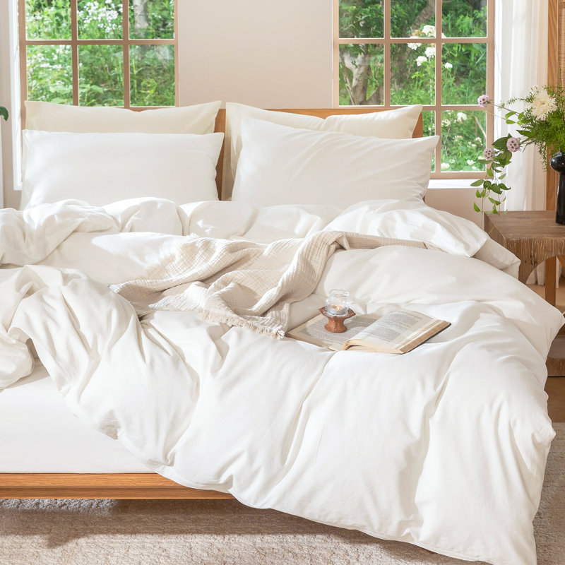 Ensemble de housse de couette 100% coton délavé MooMee, Housse de couette pour très grand lit et 2 taies , Blanc cassé