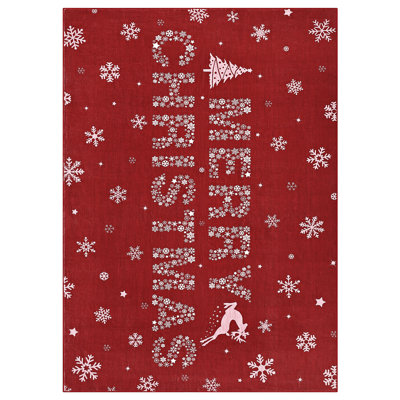 Snowflake Area Rug 8'x10' Red Winter Rugs for Living Room Washable Soft Low Pile Carpet for Kitchen Dining Room Christmas Decorations