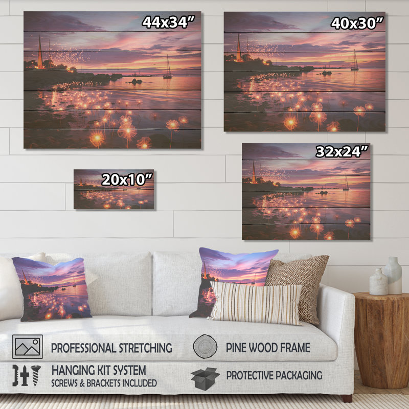 «Sunset Floral Beach Flourish II» - Reproduction de plage sur bois, H 34 po x l 44 po