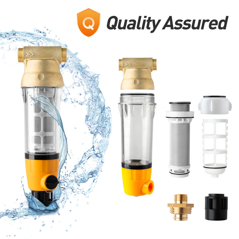 iSpring WSP100ARB Spin Down Sediment Water Filter, Reusable with Touch-Screen Auto Flushing Module and Built-in Housing Scraper, Brass Top Clear Housing, 100 Microns