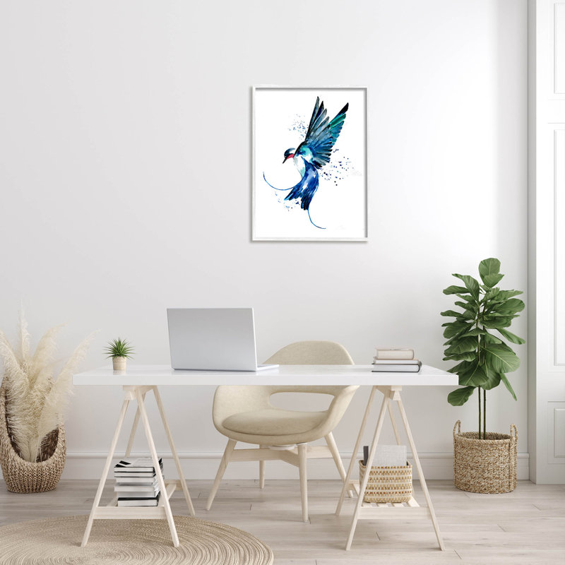 «Blue Bird Flying Wings» par Sebastian Grafmann, H 30 po x l 24 po x P 1,5 po, Giclée encadrée blanc bord de mer