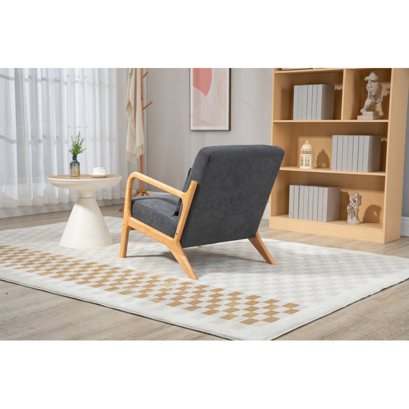 Fauteuil d'appoint moderne du milieu du siècle avec structure en bois massif, revêtement en lin et coton, coussin lombaire - Gris antique