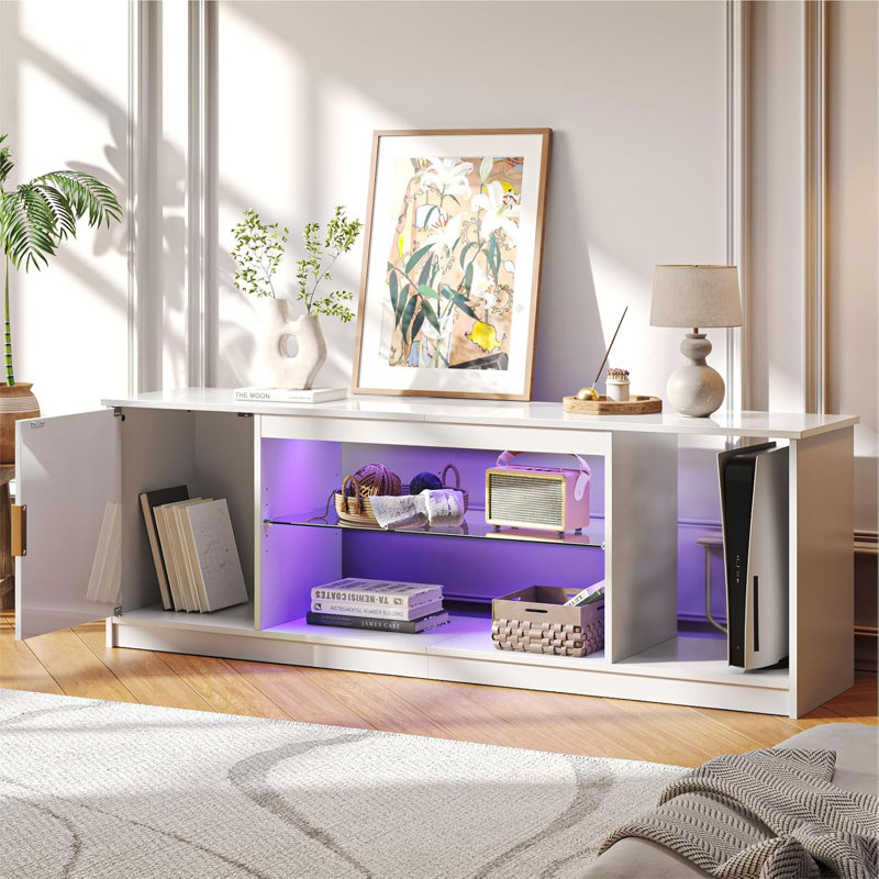 57" Modern Media Console with Adjustable shelf, LED Fluted TV Stand for 65 Inch TV, Glossy TV Console with Cabinet , White