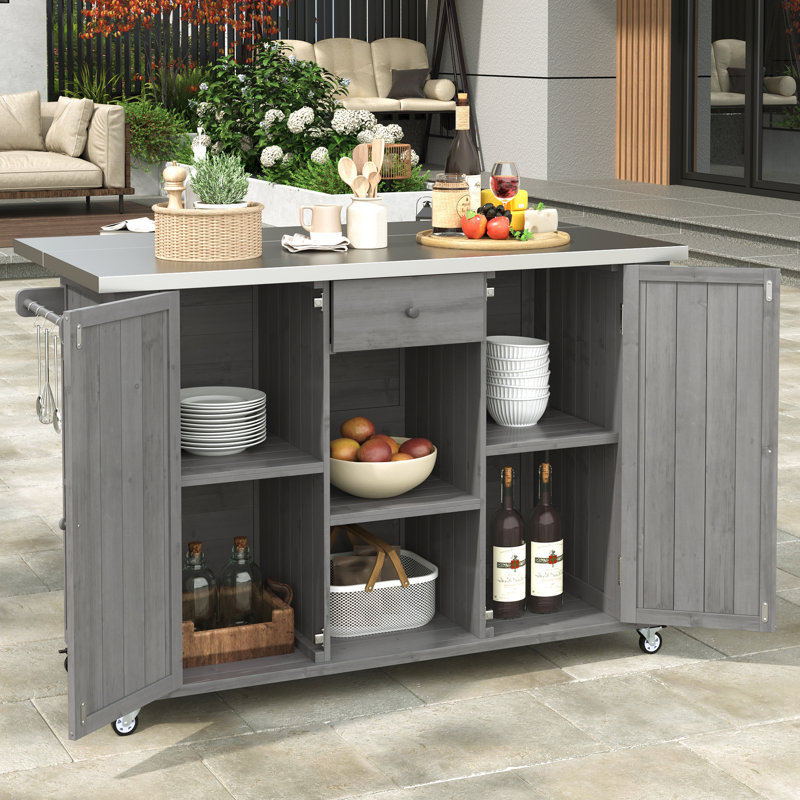 Grey Outdoor Kitchen Island - Fir Wood Structure, Stainless Steel Top, Storage Options, Towel & Spice , Bottle Opener, Lockable Wheels For Stability Solid Steel, Foldable Tabletop, Solutions, Rack,