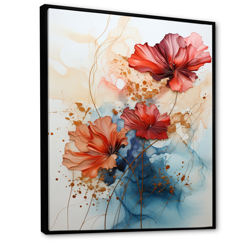 «Red Teal», art abstrait encadré de fractales, Cadre flottant noir, H 32 po x l 24 po x P 1 po