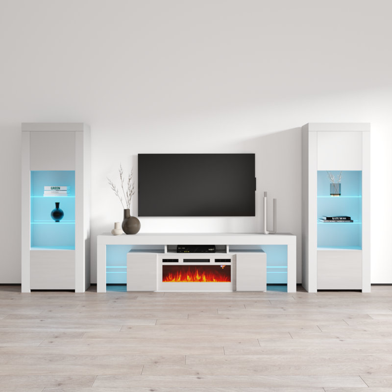 Entertainment 128.7" Modern Entertainment Center with Electric Fireplace, High Gloss Finish, Media Storage, White