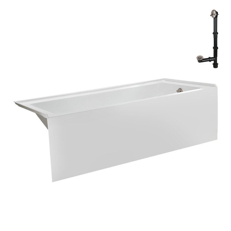 Baignoire en alcôve en acrylique blanc brillant avec drain extérieur 66 po x 32 po Streamline, Nickel brossé