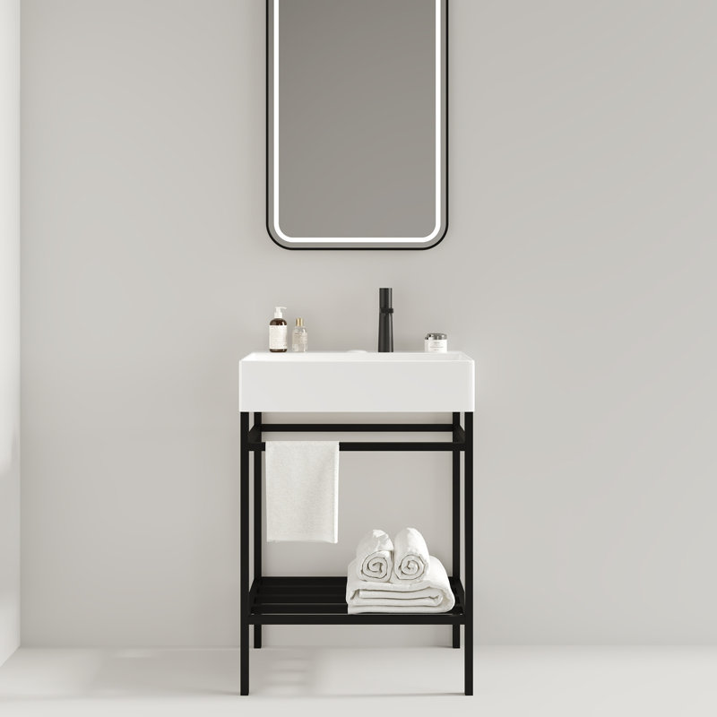 Meuble-lavabo autoportant avec lavabo en céramique, Noir, noir, noir, noir, Blanc