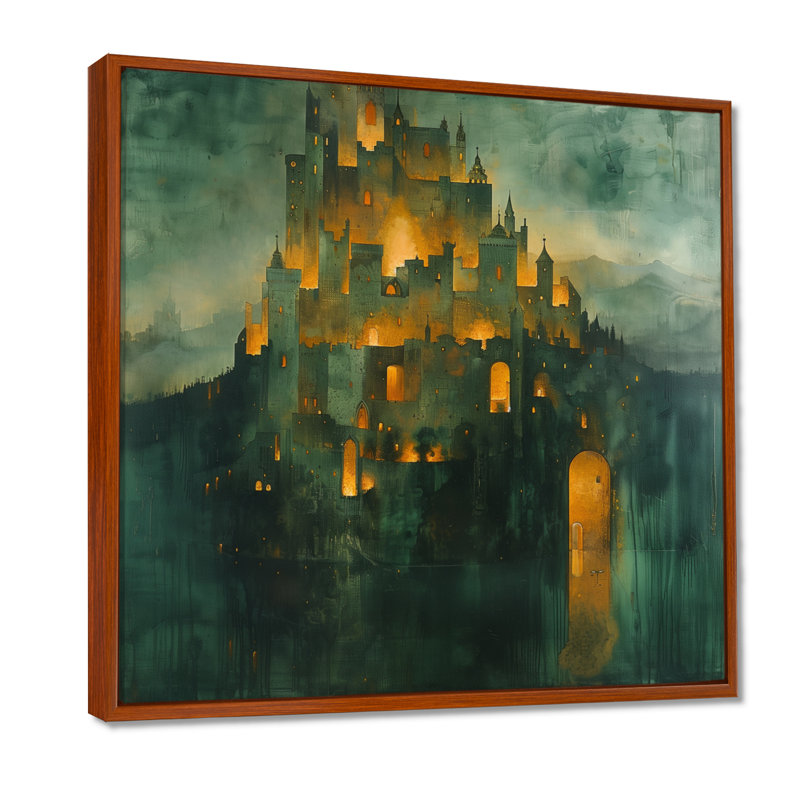 Art mural vert vert et jaune de la Forteresse majestueuse I, Toile avec cadre flottant brun, H 30 po x l 30 po x P 1 po