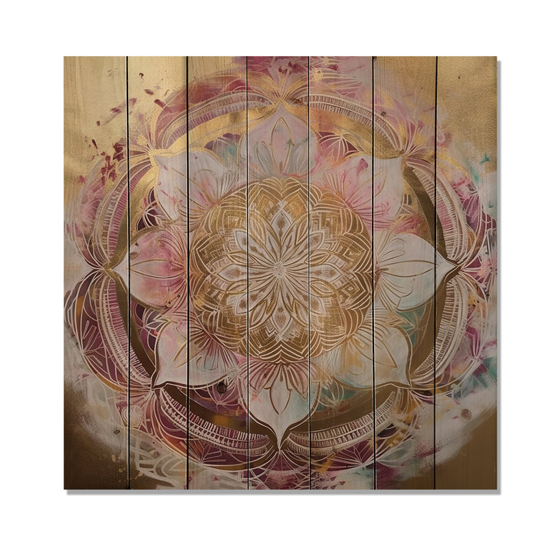 Mandala doré rose II - impression de mandala boho sur bois de pin naturel, H 30 po x l 30 po x P 0,78 po