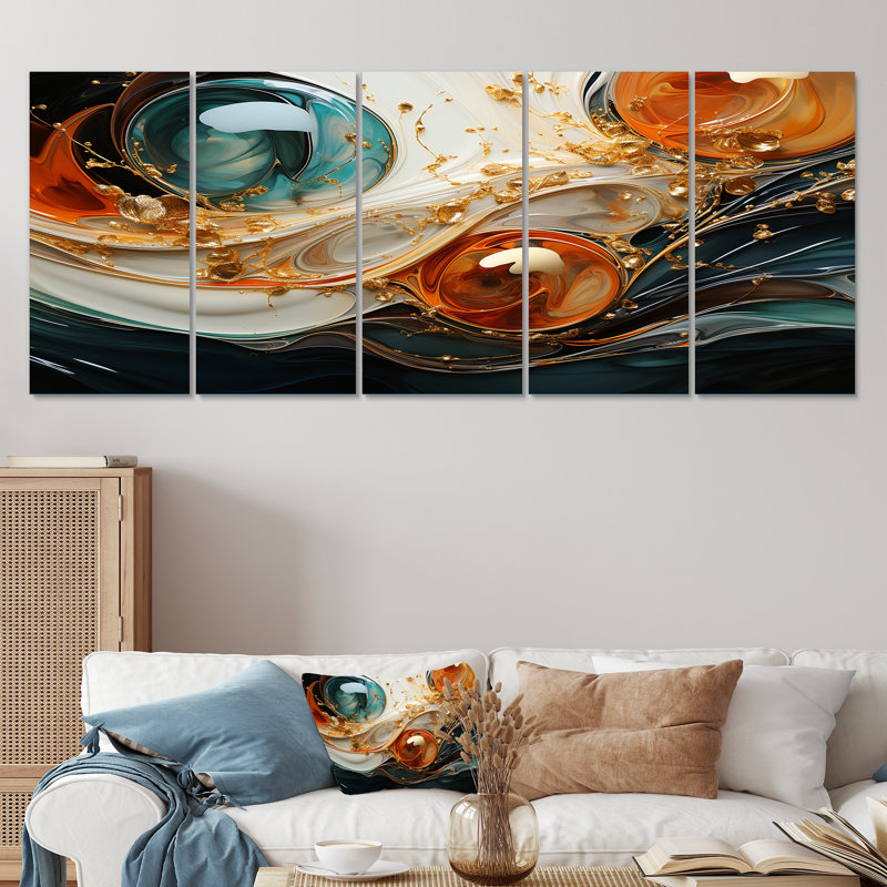 «Orange and Gold Ripple Waves Melody V», peinture abstraite, art mural 5 pièces, H 28 po x l 60 po