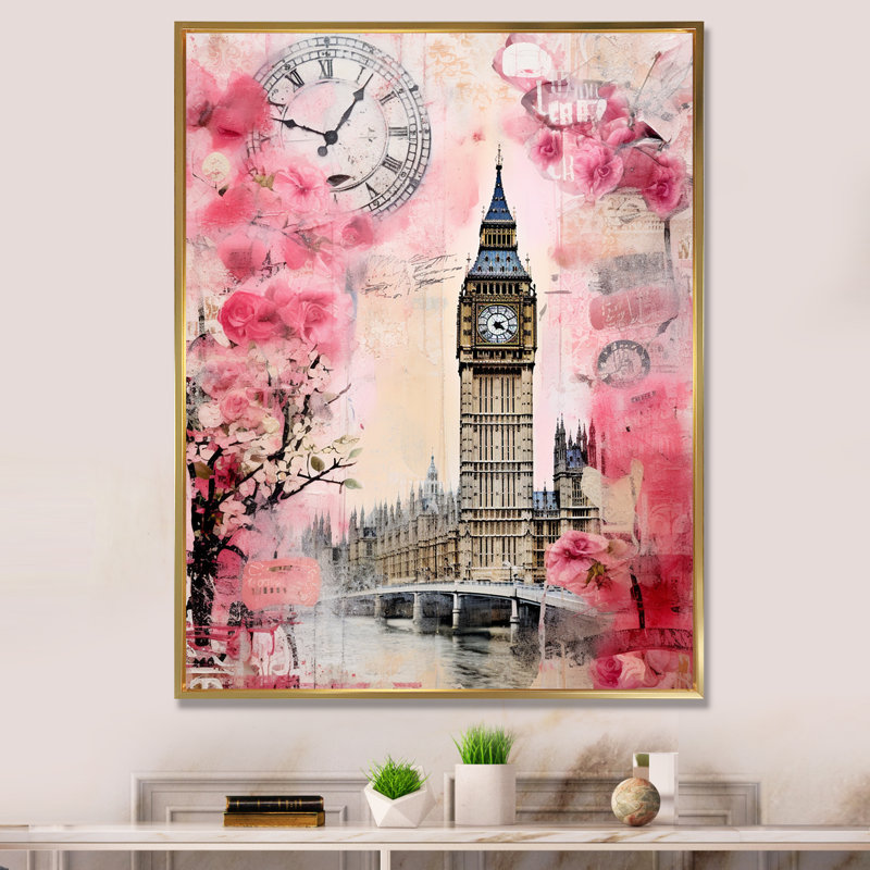 Rose rétro Big London I, H 32 po x l 24 po x P 1 po, Cadre flottant doré