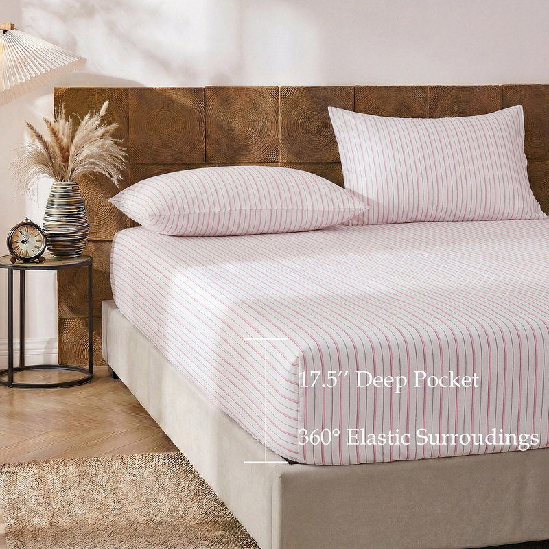 Classic Striped Sheet Set King Size, 100% Cotton Bedding Sheet 4 Pieces, Soft Breathable Percale Weave, Deep Pocket Sheet 17.5", Luxury Linen Like, Farmhouse Style