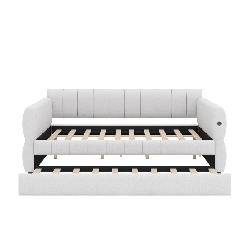 Lit de jour Lambswool, lit plateforme tapissier avec port USB et lit gigogne, Blanc