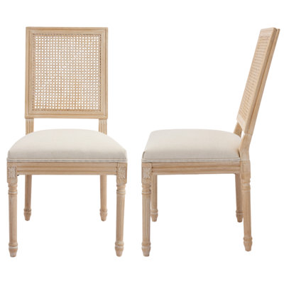 Amando High-End French Country Dining Chairs, Linen Upholstered Chairs With PE Rattan Square Back, Wire Drawing And Carving Techniques