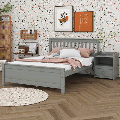 Base de lit plateforme avec tête et pied de lit, table de chevet avec tiroir de rangement et tablettes supérieures
