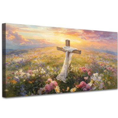 Pâques de Pâques, art mural sur toile, reproduction d'art chrétien, reproduction de champ floral au printemps, affiche sur toile pour le décor de chambre à coucher de salon