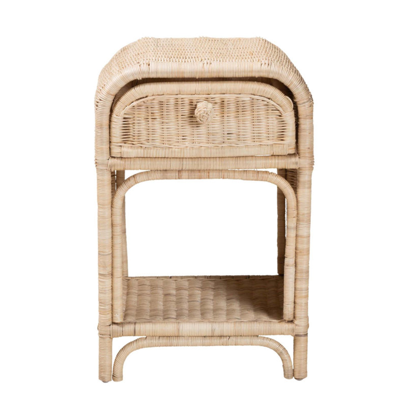 Table de chevet moderne à 1 tiroir en rotin de style bohémien moderne avec détails tissés naturels et rangement spacieux, parfait pour les chambres rustiques