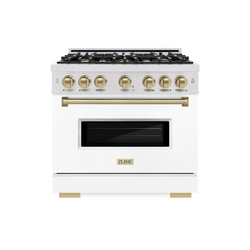 ZLINE Autograph Edition 36 in. Classic Satin Steel Gas Range w/ Door & Accents, Champagne Bronze/White
