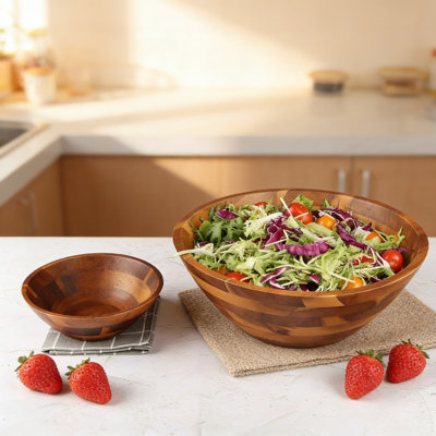 Acacia Wood Salad Bowl Set With Serving Utensils, Large Wooden Serving Bowl For Salads, Fruits, And Entertaining, Natural Grain Finish