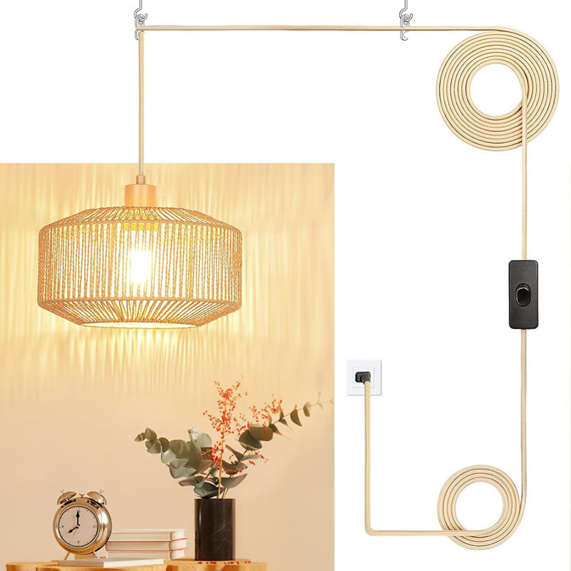 Plug In Pendant Light Paper Woven Rattan Hanging Lights Boho Hanging Lamp Rustic Farmhouse Pendant Lights For Kitchen Dining Room Bedroom Entryway, With 3-Way Dimmable Bulb (Woven-2)